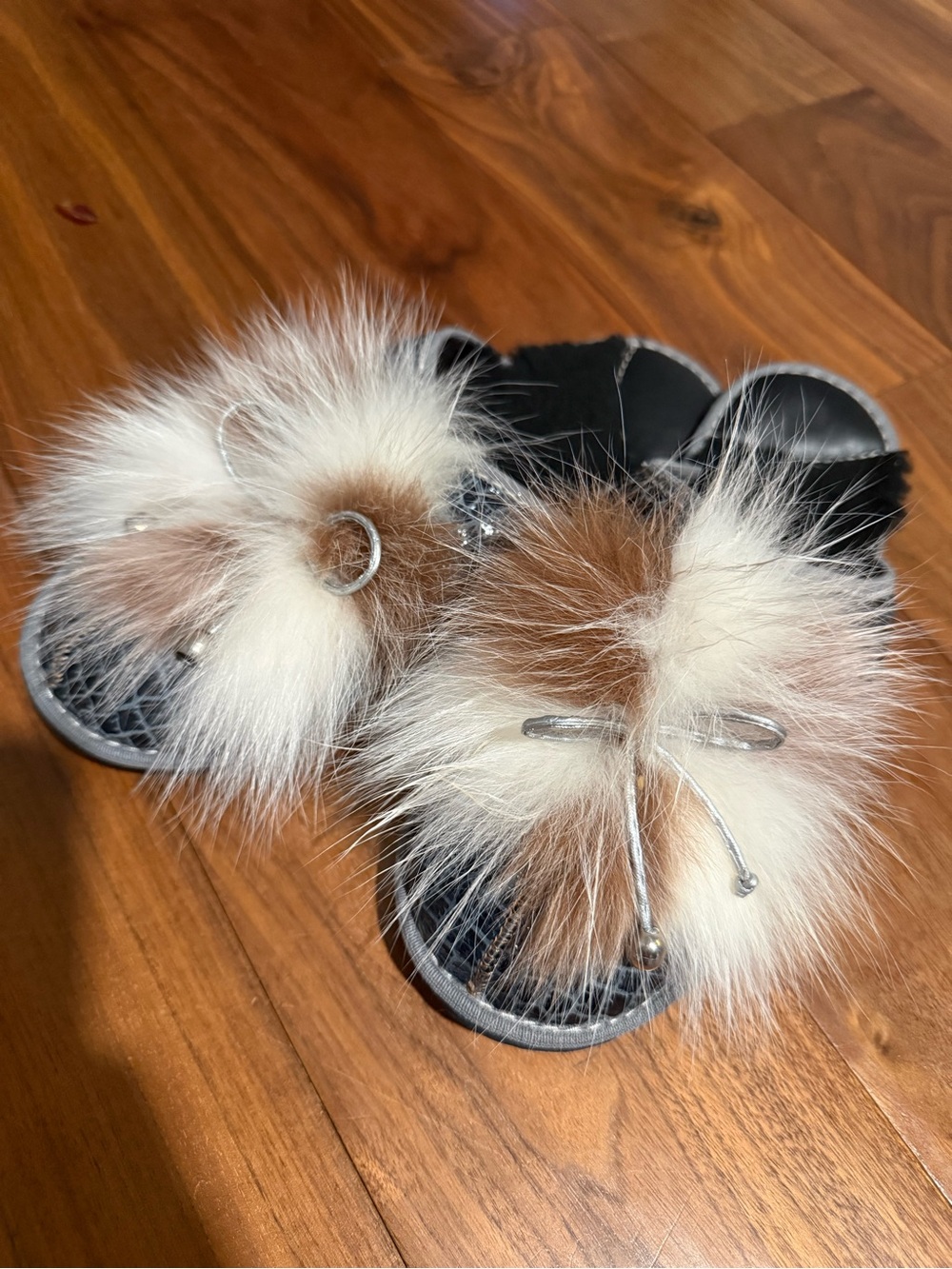 Real Fur Pom-Pom Slide Sandals Slippers